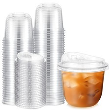 50 Pack 10 oz Clear Plastic Cups with Strawless Sip Lids Disposable Pet Iced ...