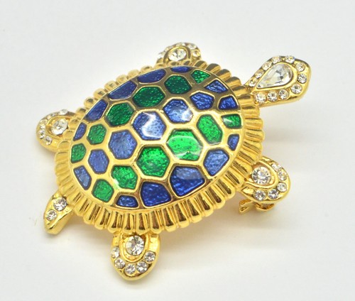 Spilla vintage anni 80 smalto blu e verde e cristallo tartaruga tono oro gioielli - Foto 4 di 7