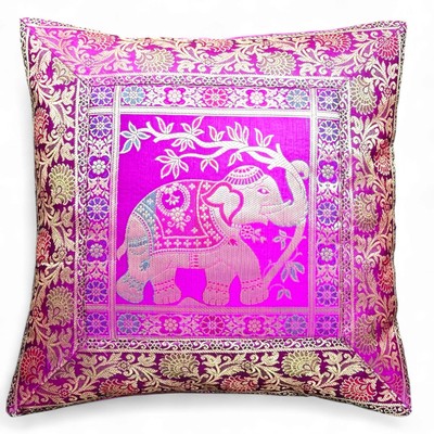 Handcrafted Brocade Silk Cushion Cover Elephant Design Magenta 17x17 inch cover