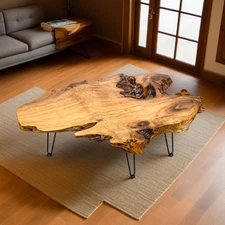 Handcrafted Edge Coffee Table | Natural Wood with Unique Organic Shape | Meta...