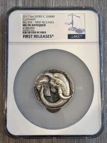 2017- Ivory Coast- Big 5 Elephant- 5oz- First Release- NGC- MS 70 Antiqued