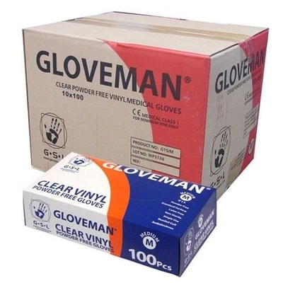 10x 100 (10 Boxes/1 Case/1000 Gloves) of Gloveman Clear Powder Free Vinyl Gloves
