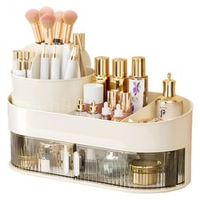 Rotating Makeup Brush Holder organizer with Drawer White Makeup Organizers Co...