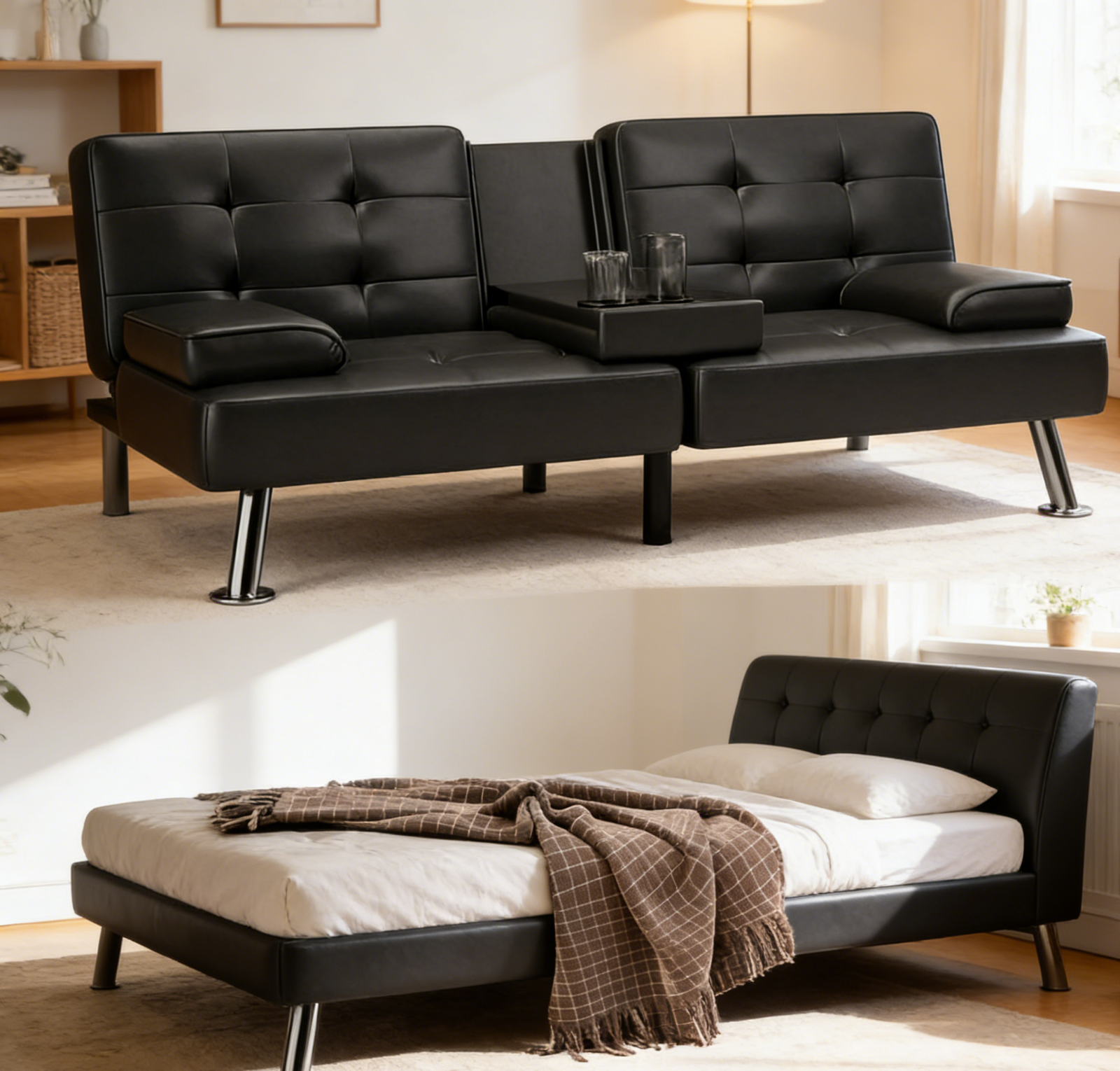 NEW Convertible Faux Leather Futon Sofa Bed, Folding Couch with 2 Cup ...