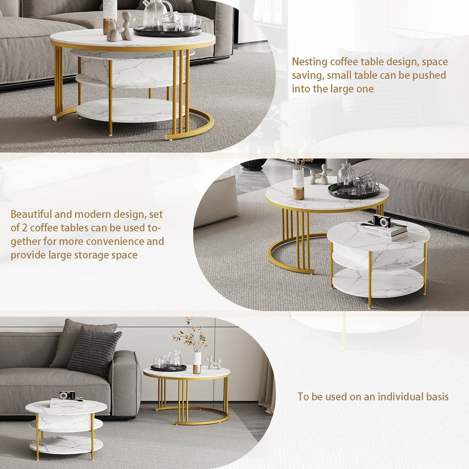 Set of 2 Nesting Coffee Tables Round Stacking Sofa Side Tables for ...