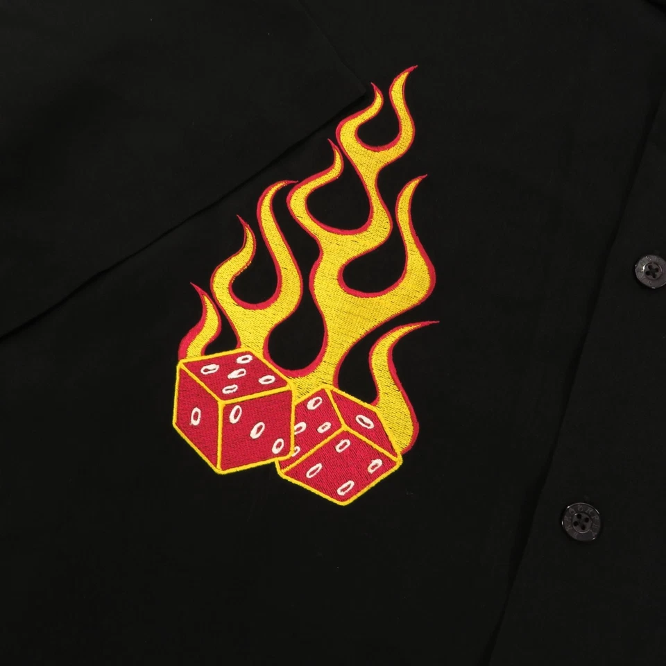 Dragonfly Shirt XXL Mens Black Flaming Dice Gambling Embroidered Loop Button Up - Image 3 of 4