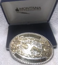 Montana Silversmiths Love to Fish, Hunt Bass Elk Gold Engraved Buckle W/Box EC