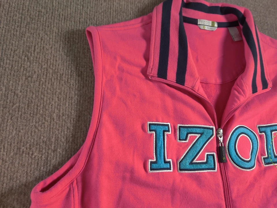 Izod Womens C-Flex Full Zip Sleeveless Sweater Vest L Pink Embroidered Spell Out - Image 3 of 4