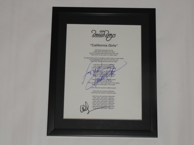 THE BEACH BOYS SIGNED FRAMED CALIFORNIA GIRLS LYRIC SHEET LOVE JARDINE JSA COA