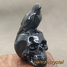 2.5" Natural Obsidian Quartz Crystal Hand Carved Crow Skull Reiki Healing 1pc
