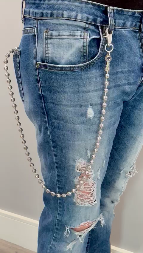 Uomo Lungo Metallo Argento Sfera Ciondoli Portafoglio Catena