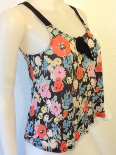 NEW KIMCHI BLUE FLORAL BLACK TANK CROP TOP CHIFFON STRAPS BOHO URBAN RETRO XS - Picture 2 of 5