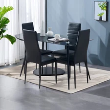 4pcs Dining Chairs - Black High Back, PU Leather, Cross-Stitch & Round Tube Legs