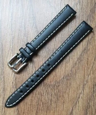 12mm VINTAGE SADDLE LEATHER BLACK APOLLO WATCH STRAP NUBUCK LINED SILVER BUCKLE.
