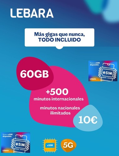 Tarjeta Prepago Esim Lebara 60 Gb + llamadas ilimitadas - ESIM - 第 1/1 張圖片