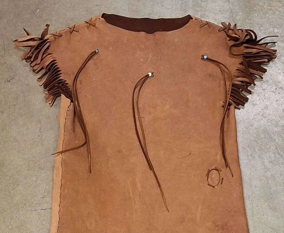Used Vintage Buckskin Leather Suede Handmade Native American Dress Beads Fringed - Image 2 of 4