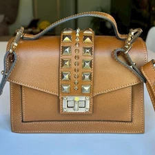 Valentino By Mario Valentino Brown Leather Gold Studded Top Handle Crossbody Bag