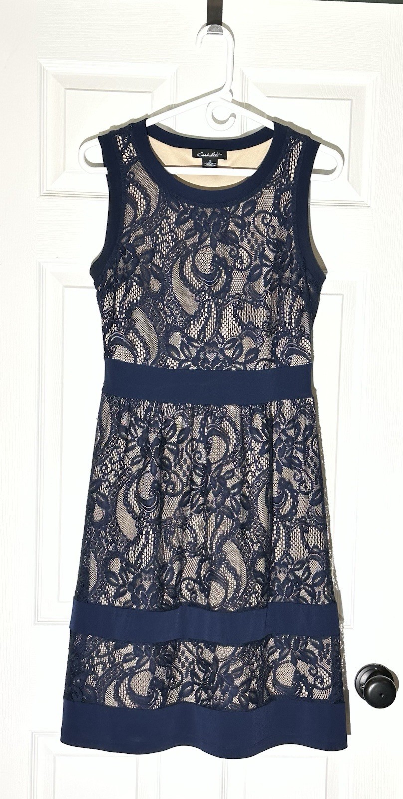 Candalite Women’s Blue Midi Dress Navy Blue/Nude, Lace Overlay, Size M