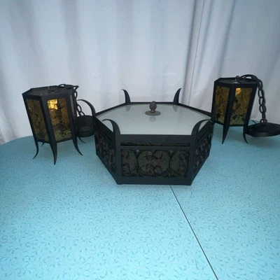 Vintage Spanish Revival Amber Iron 3 Piece Light Fixture Set Swag Gothic - Image 1 of 4