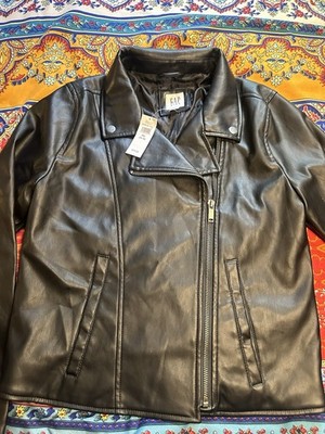 Gap Kids Black Faux Leather Moto Jacket XXL 14-16 Full Zip Lined Pockets