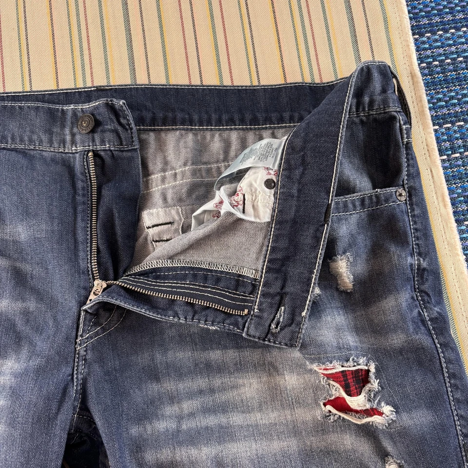 Pantalones de mezclilla True Religion para hombre 46 desgastados parche a cuadros bolsillos con solapa pierna recta Foto 2 de 4
