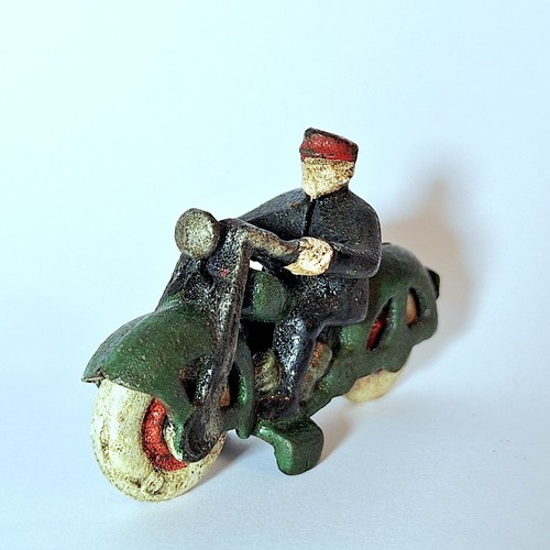 Original Vintage Cast Iron 3" Motorcycle And Rider With Cast Iron Wheels - Picture 3 of 12