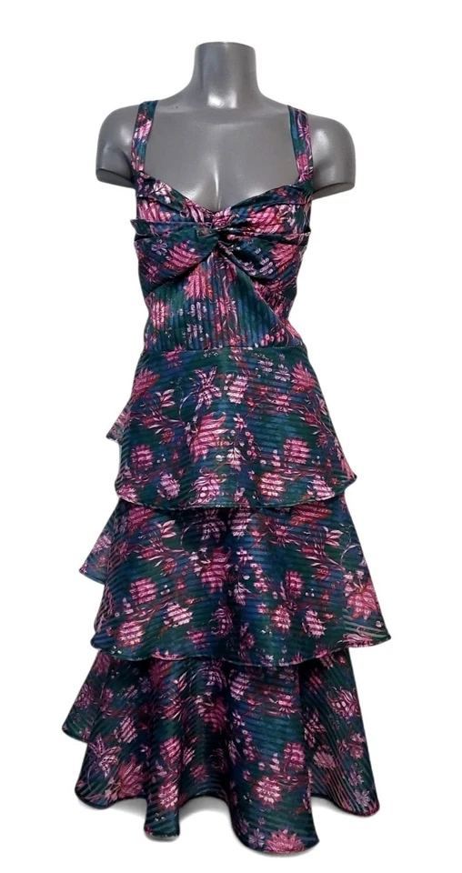 Vestido Marchesa Notte floral em camadas tamanho 10 azul rosa babado fit & flare midi novo com etiquetas - Imagem 2 de 4