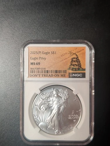 2025 (P) AMERICAN SILVER EAGLE NGC MS 69 "EAGLE PRIVY" DON'T TREAD ON ME SLAB