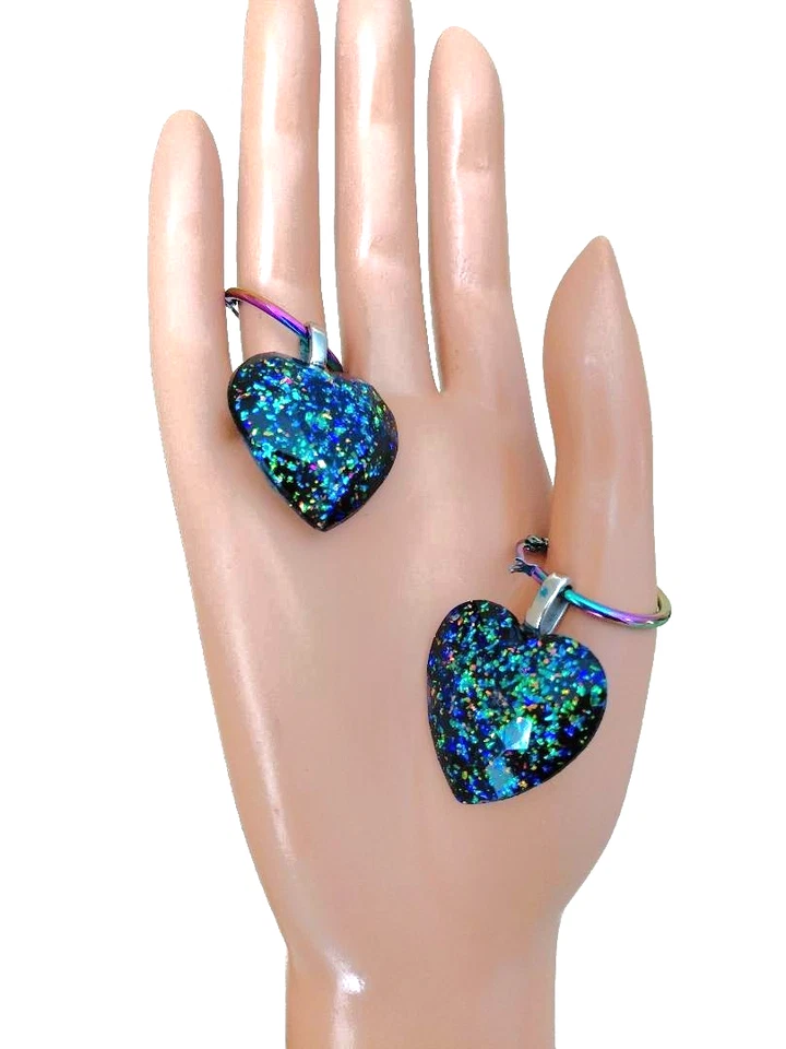 Pendientes de ópalo 29 mm resina de pavo real corazones de ópalo en aros arco iris de acero inoxidable Foto 3 de 4