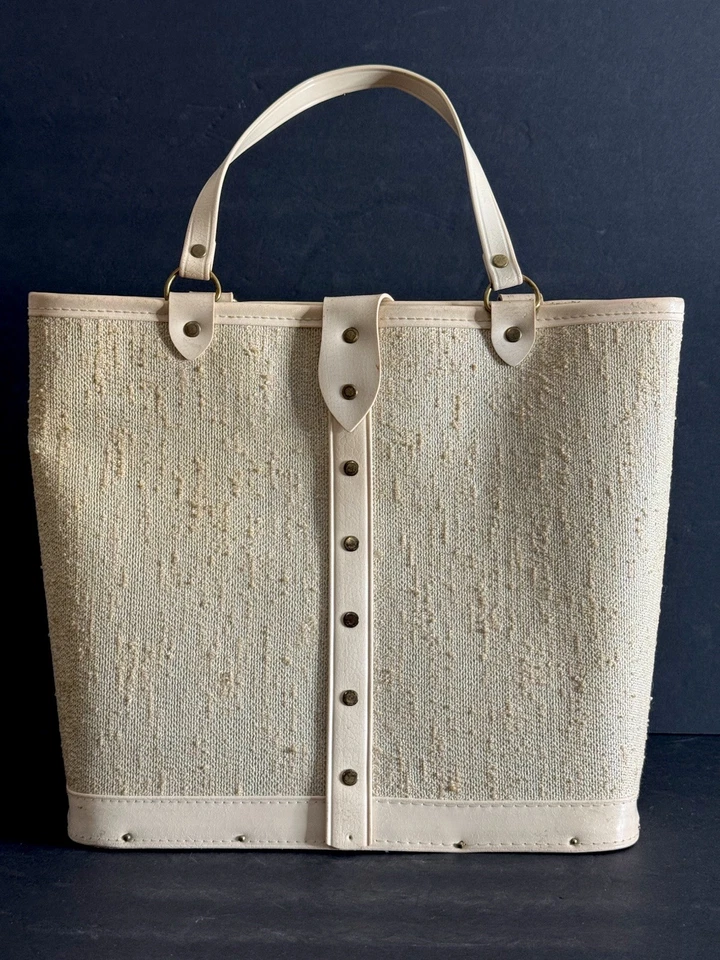 Vintage Jeweled Sequins Owl Handbag Mid Century Wood Bottom Canvas Satchel Purse - Image 3 of 4