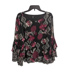 Alfani Woman 2X Black Floral Geo Print Ruffle Bell Sleeve Blouse Top NWT