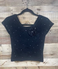Twiggy Women’s (M) Black Angora Rhinestones Sweater Flowers Rabbit Hair Wool Top