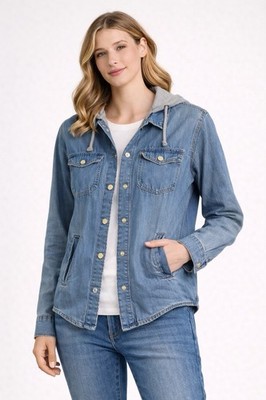 H&M Divided Women s Denim Hooded Jacket Blue Snap Front Size 0 Cotton