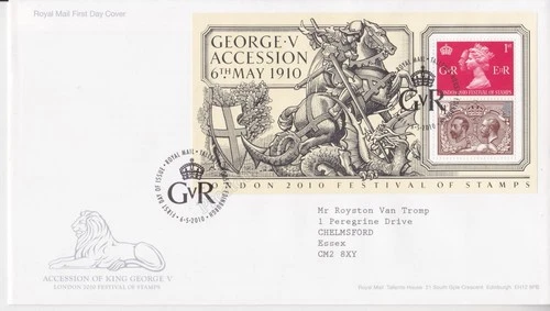 GB ROYAL MAIL FDC 2010 GEORGE V ACCESSION SHEET FESTIVAL TALLENTS PMK