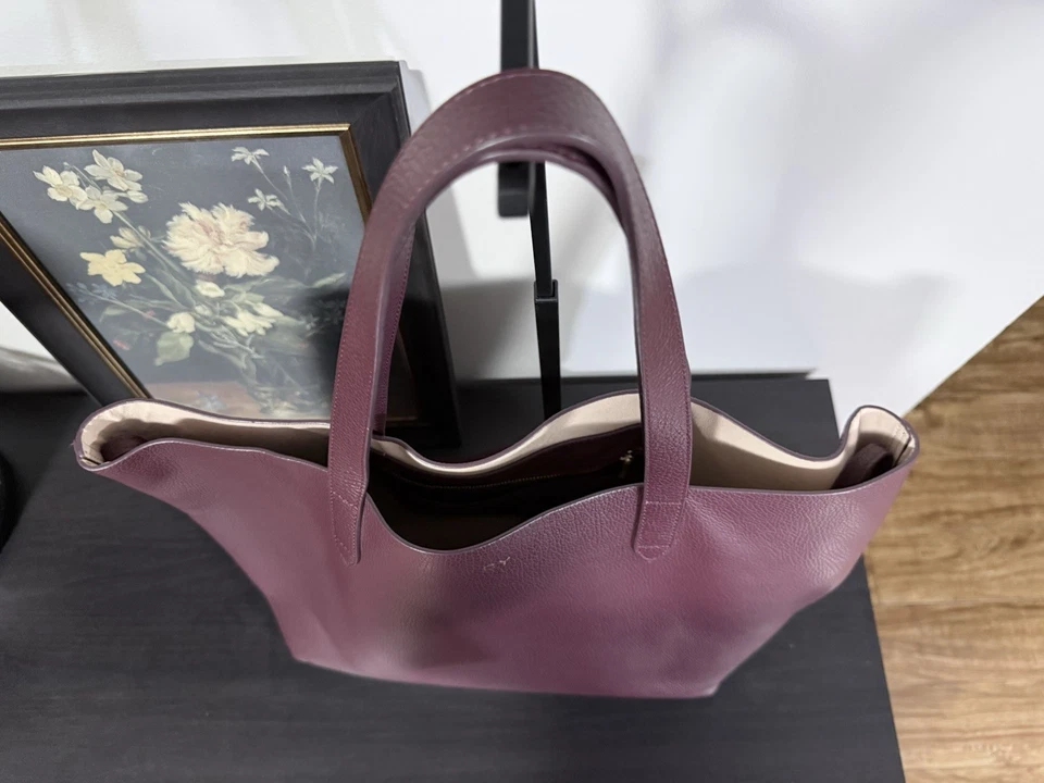 Cuyana Burgundy Purple Full Pebbled Leather Structured Tote Bag Open Top - Image 4 of 4