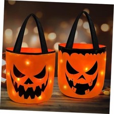 Halloween Candy Bucket with LED Light - Trick or Treat - Orange - 2 Pcs