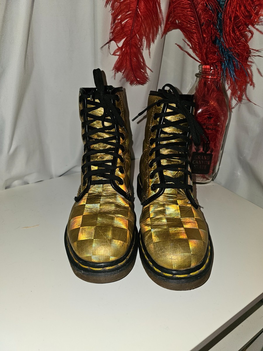 Dr. Martens Gold Holographic Checkerboard Lace-Up Boots 2 DR. MARTENS HOLOGRAPHIC METALLIC GOLD BOOTS MADE IN  main image 3