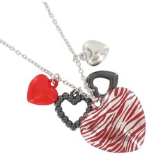 Red Zebra Print Heart Charms Pendant 1.5" Silver Tone Necklace 30"