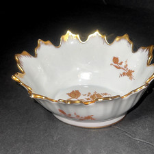 Limoges France Oval Candy Bowl White w/Gold Flowers Scalloped Point Top