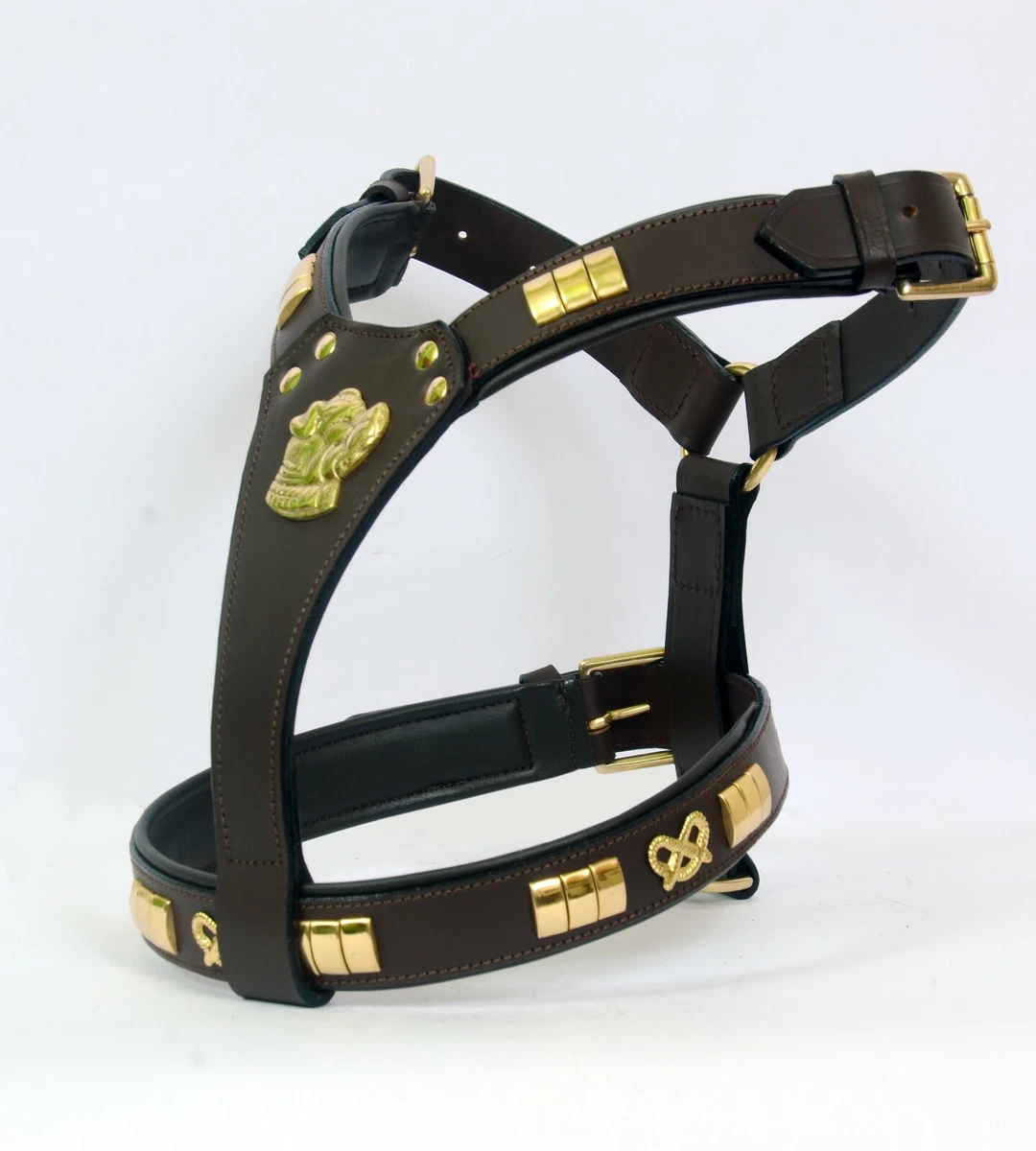 LEATHER STAFFY DESIGNER DOG HARNESS WITH STAFFY KNOT FULLY PADDED BRASS  FITTINGS