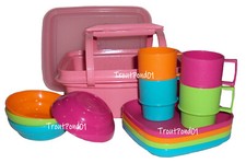 Tupperware Kids Dishes Mini Party Play Set Carry Case Plates Mugs Bowls Pink