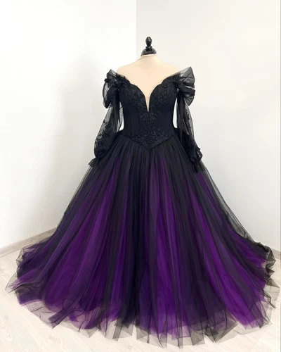 Gothic Black Purple Wedding Dresses Long Sleeves Lace Off Shoulder Bridal Gowns - Picture 2 of 9