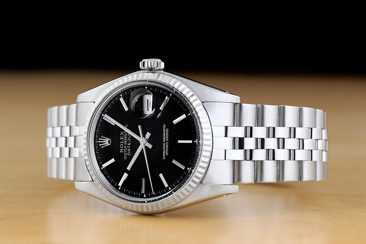 ROLEX MENS DATEJUST BLACK 18K WHITE GOLD STEEL WATCH w/ FOLDED