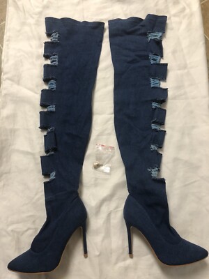 THIGH HIGH DISTRESSED DENIM HIGH HEEL BOOTS SIZE: 8.5 BLUE