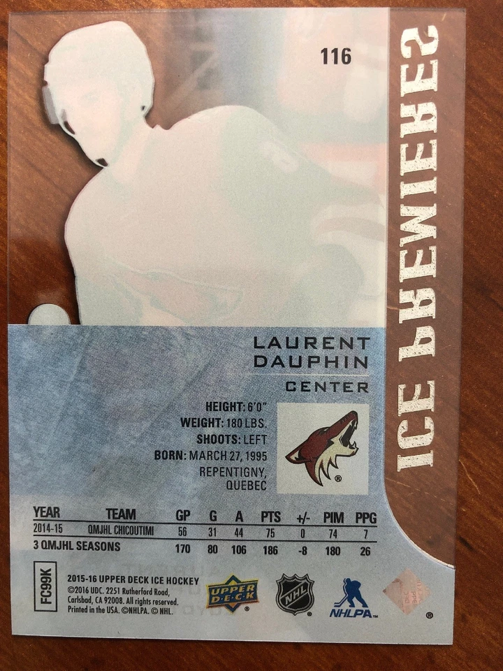 2015-16 UD Ice Premiers Rookie #116 Laurent Dauphin /1999 - Image 2 of 2