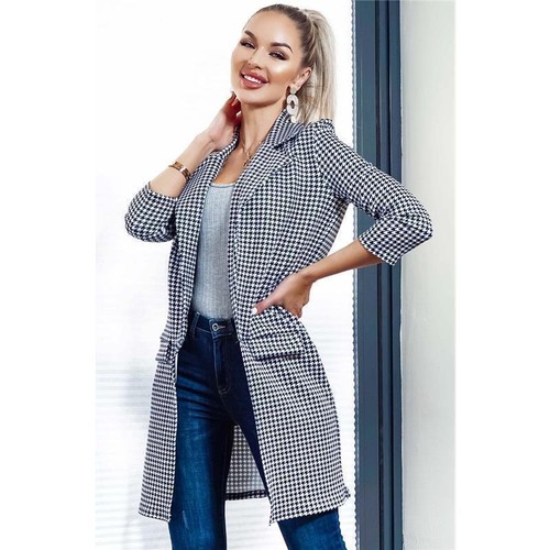 Women's Long Blazer Jacket with Houndstooth Pattern Black White #J1126