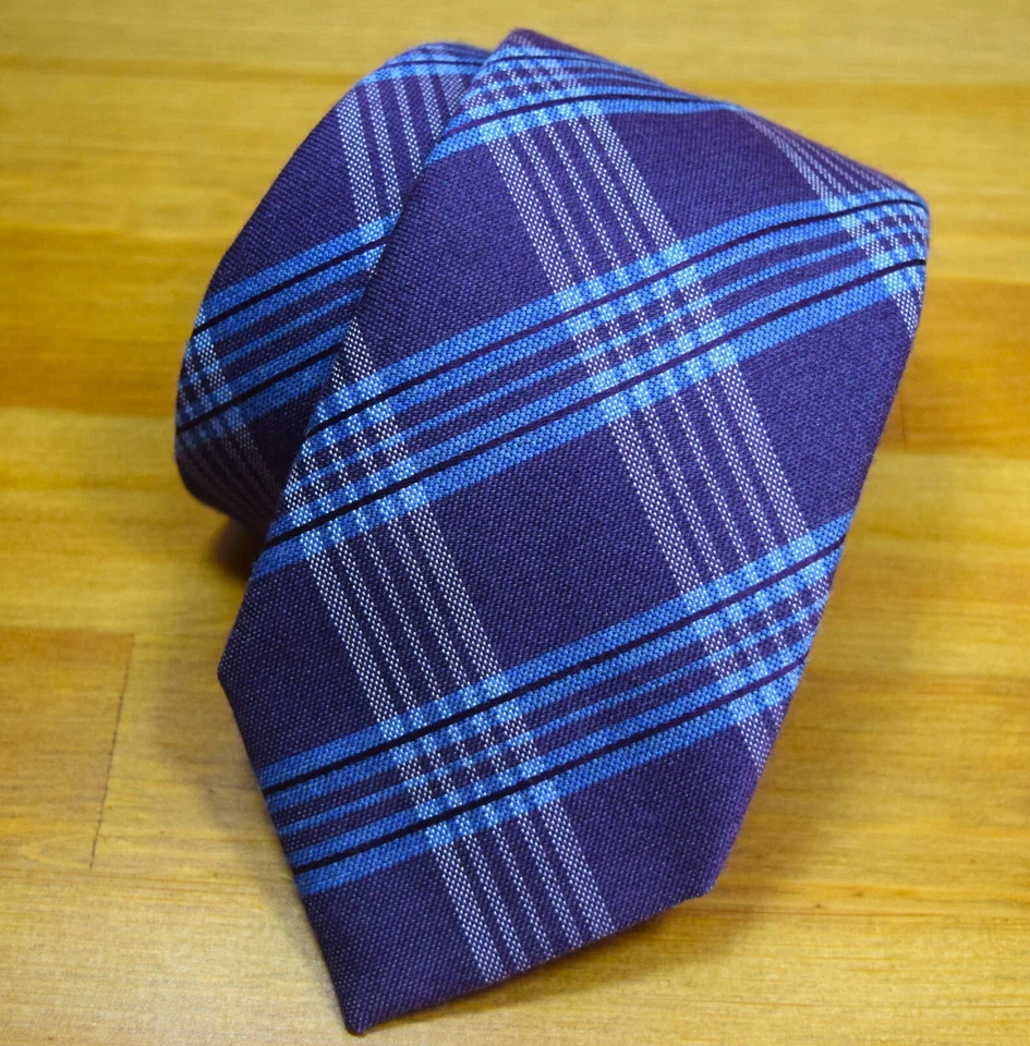 Corbata de cuello de lana de seda a rayas geométrica a cuadros azul púrpura BRIONI $440 Foto 2 de 4