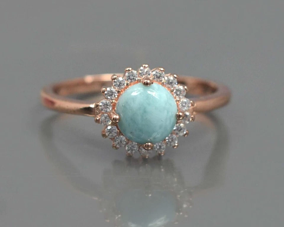 18K Oro Rosa Blu Larimar Rotondo Gemma 925 Argento Sterling Donna Gioielli Set - Immagine 2 di 4