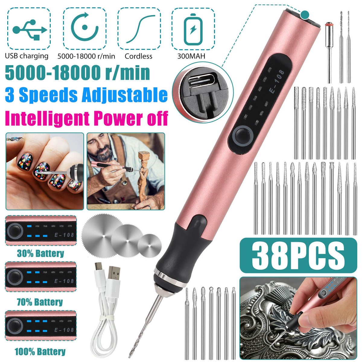 38pcs Electric Engraving Pen With Drill Bits 3 Levels Adjustable