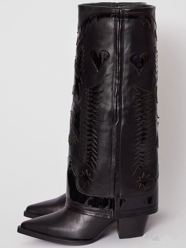 Western Damen spitze Zehenpartie Ritterstiefel Biker okcientes Leder Schuhe Blockabsatz - Bild 13 von 31